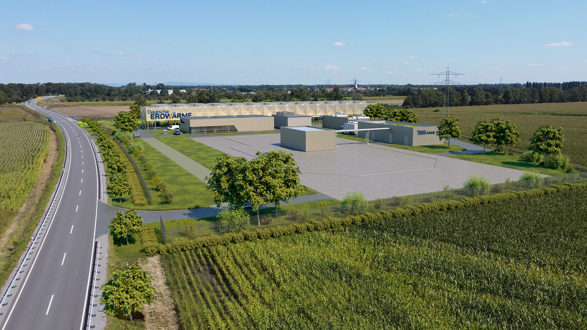 Luftaufnahme einer modernen Industrieanlage mit der Bezeichnung DRY GROVARE, die die Initiativen der deutschen Erdwärme zur nachhaltigen Wärmeversorgung vorstellt, umgeben von Feldern und Bäumen, mit einer Straße und Parkplätzen im Vordergrund.